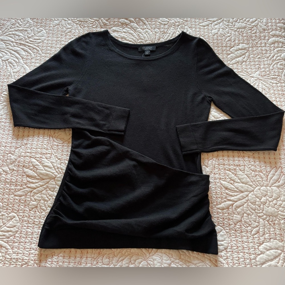 Ann Taylor Merino Wool Sweater with Ruched Panel in Black